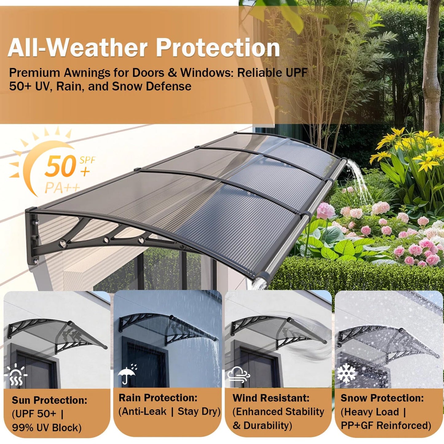Outsunhom Awning for Door Entrance,32x48 Inch Polycarbonate Window Canopy Exterior with Drainage,UPF 50+ Rain Snow Sun UV Protection,Spliced Overdoor Awnings for Outside,Doors, Patio, Porch, Deck