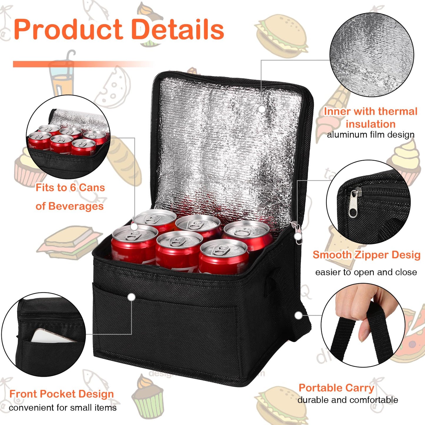 Amyhill 60 Pcs Insulated Lunch Bags Bulk, Reusable Cooler Bags, Leakproof Lunch Bags Pack, Waterproof Thermal Cooler Bags, Insulated Beverage Bag for Women Men Office Work Picnic Beach, Black