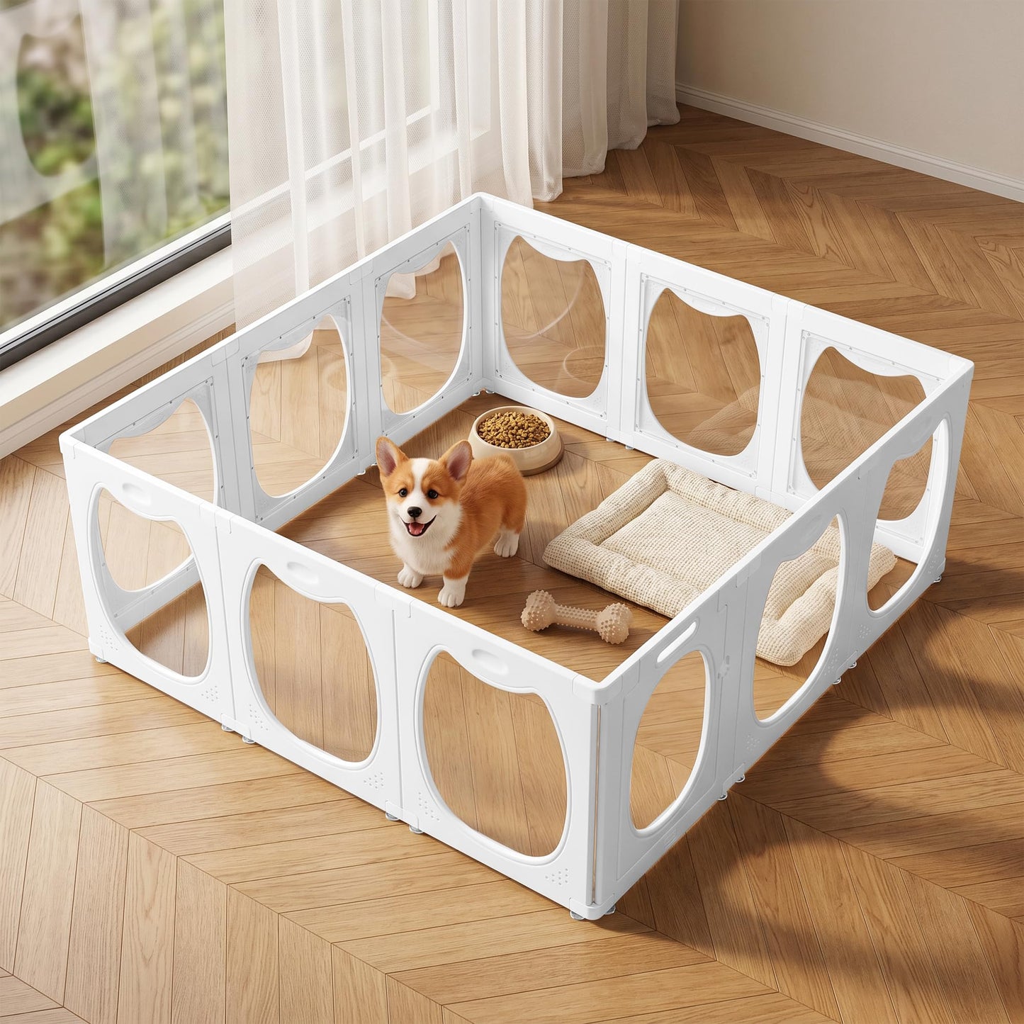 Homgava Clear PET Dog Playpen Indoor, 12-Panel Heavy-Duty Transparent Puppy Playpen, Modular Pet Fence Enclosure for Small Medium Dogs, Easy to Assemble (White, 24 Inch H, 12 Panels)