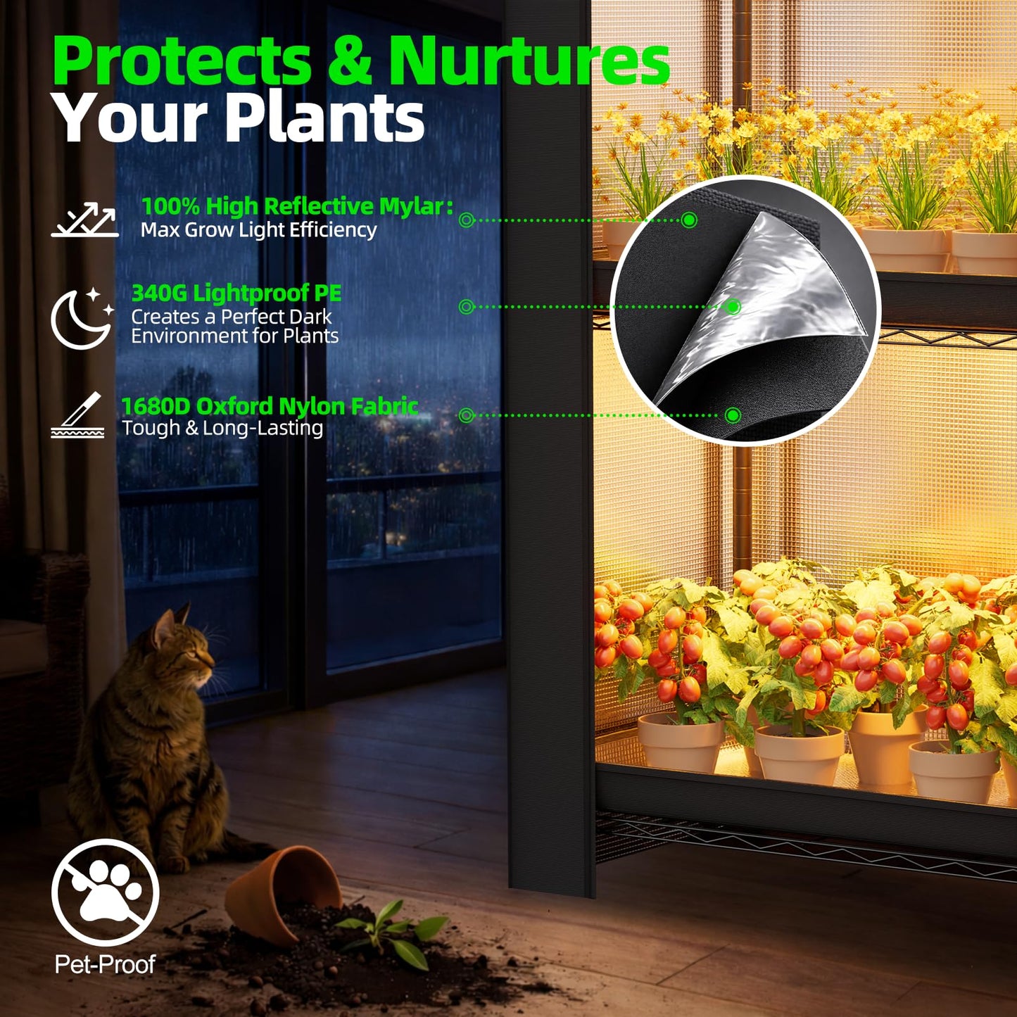 SPECILITE Plant Stand with Grow Tent Lights, 1680D High Reflective Cover, 10-Level Full Spectrum 5000K LEDs, 4-Tier Adjustable Metal Greenhouse（250 Lbs for Plant Growth, Seed Starting, 28"x14"x59"