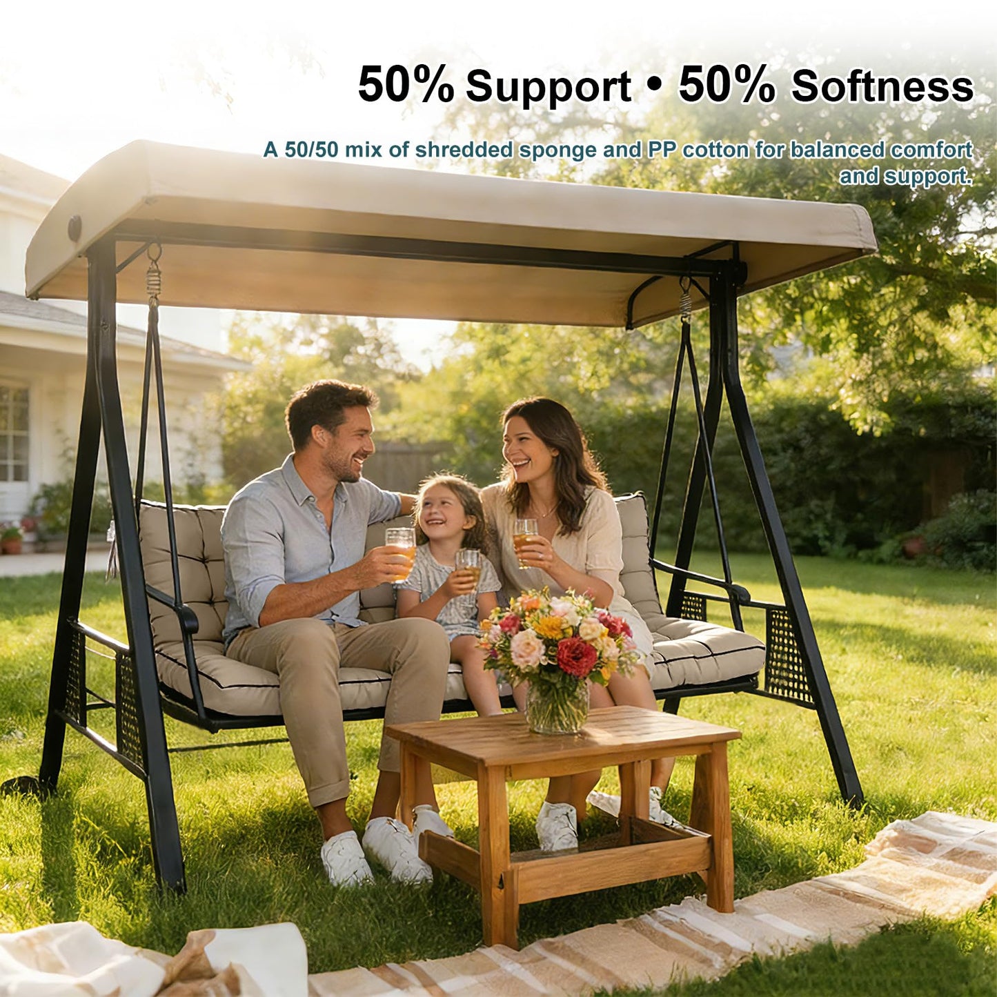 Zacammy Swing Replacement Seat Cushions, 2-3 Seater Bench Cushions for Outdoor Furnitur with Backrest, Garden Recliner Seat Cushions Waterproof Sofa Pads (Khaki, 55x40in)