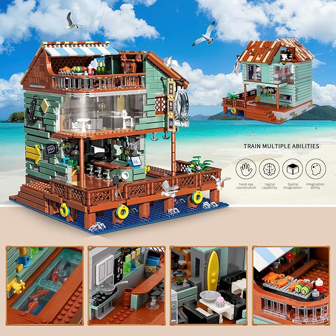 Harbour Restaurant House Mini Bricks Building Kit Ideas Creative Architecture Building Toys Birthday Gift for Adult Boys Girls -2096 Pieces (Not Compatible with Lego Set)