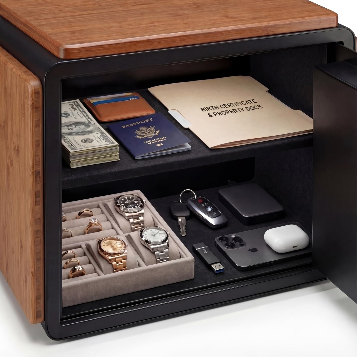 Iron Lock® Smart Safe with Wood Finish, Fingerprint & Touchscreen Keypad, Bluetooth App Control, Share Access, Emergency Key, Bolt-Down Security