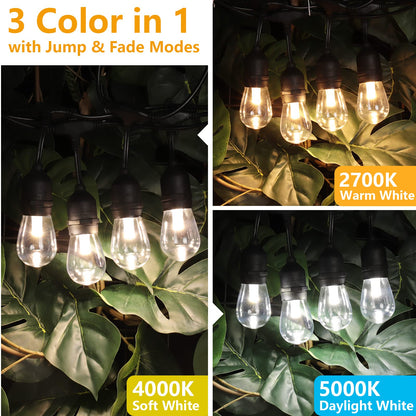 Mlambert 144Ft(3x48ft) 3-Color in 1 48Ft Remote LED Dimmable Outdoor String Lights, Plug-in 2700K/4000K/5000K Waterproof Light for Patio Backyard