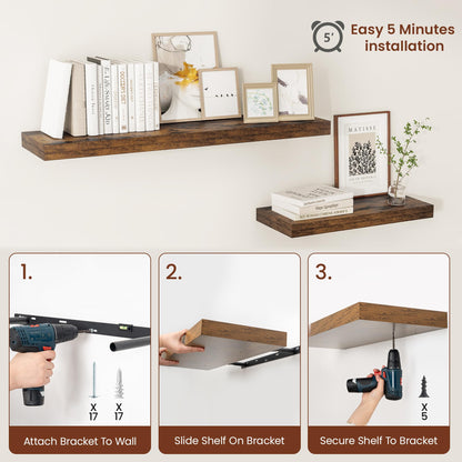 Vivelove 12" Deep Floating Shelves for Wall 36" Long, Wall Shelves for Bedroom Living Room Bathroom Kitchen Laundry Room, Farmhouse Rustic Shelves for Home Decor, 36" X 12" X 2" Set Of 2, Rustic Brown