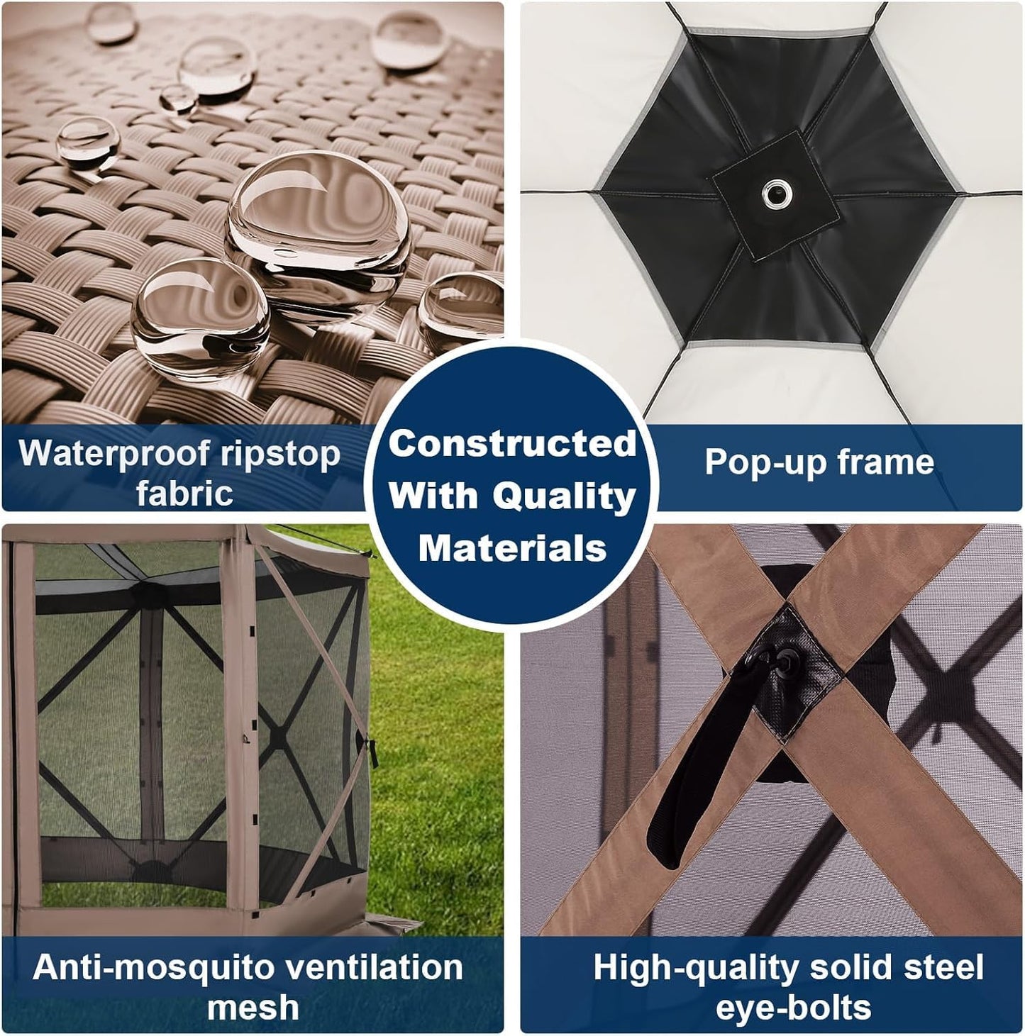 COBIZI 12x12FT Pop Up Gazebo Screen Tent Screen House for Camping, Screen Room with Mosquito Netting, Hub Tent Instant Screened Canopy with Carrying Bag and Ground Stakes, Brown
