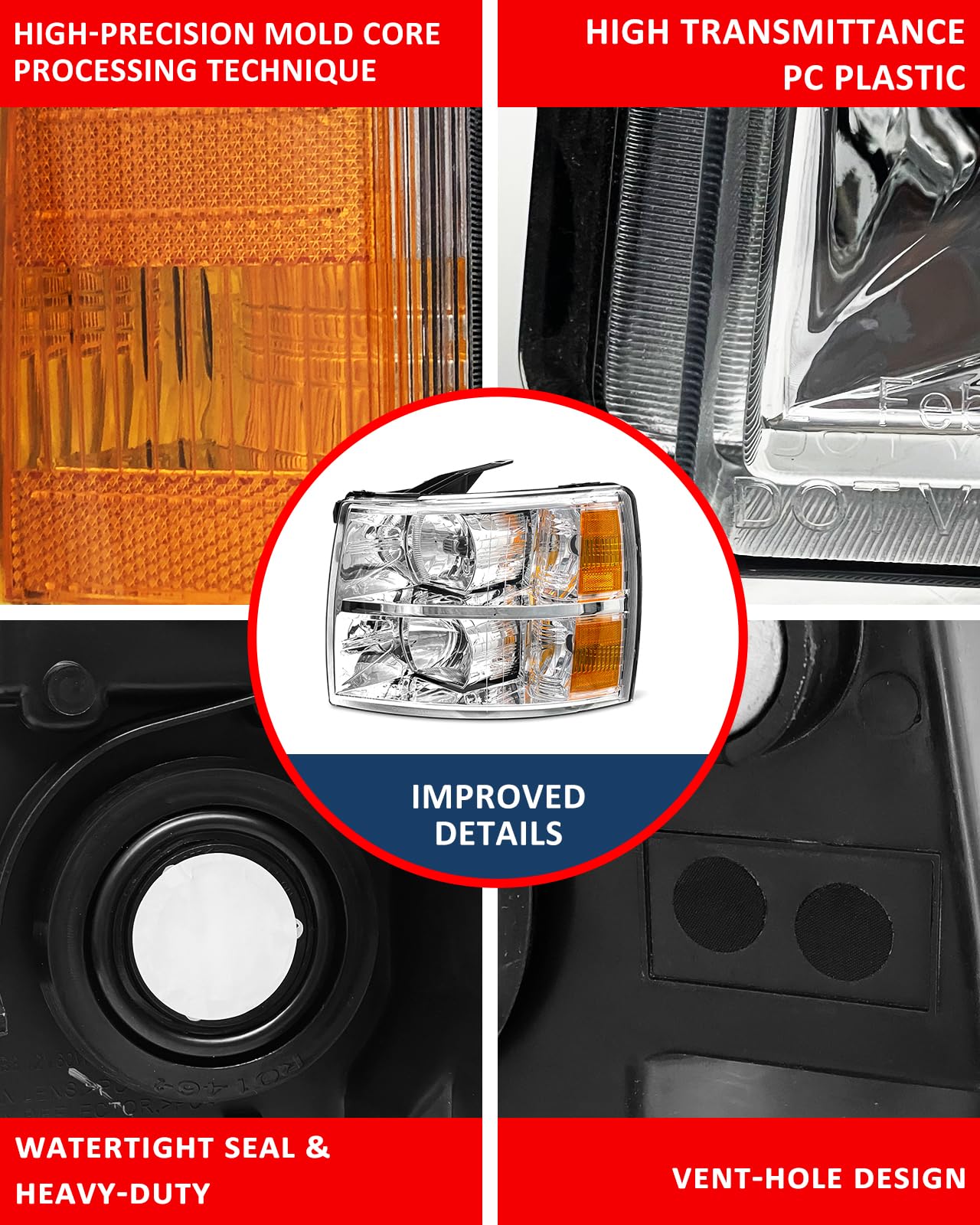 ADCARLIGHTS Headlight Assembly for 07-13 Chevy Silverado 1500/07-14 2500HD 3500HD OE Fit IP65 Waterproof 200% Brighter Halogen Headlamp Left+Right Chrome Clear（W/O Bulbs）