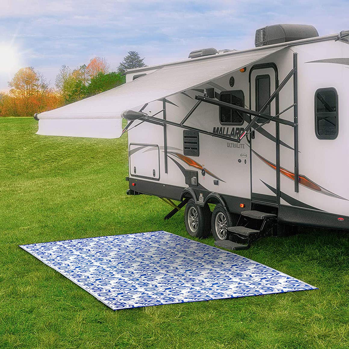 Camco 42841 Swirl Awning Leisure Mat-Blue 8' X 16'