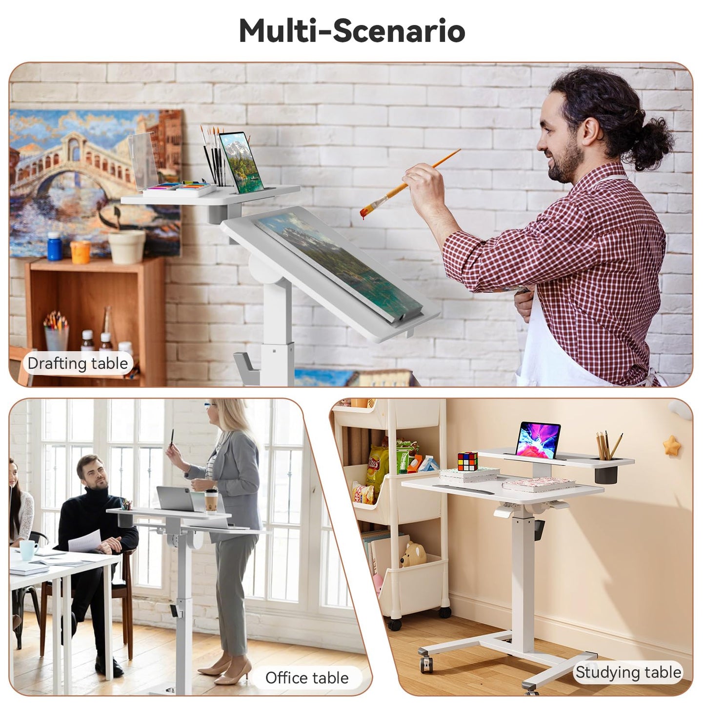 Liftsync 28Inch Mobile Standing Desk On Wheels， Rolling Laptop Stand with Tiltable Desktop， Small Computer Workstation Adjustable Height， 2-Tier Portable Study Table with Storage Shelves， White