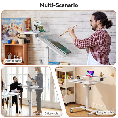 Liftsync 28Inch Mobile Standing Desk On Wheels， Rolling Laptop Stand with Tiltable Desktop， Small Computer Workstation Adjustable Height， 2-Tier Portable Study Table with Storage Shelves， White