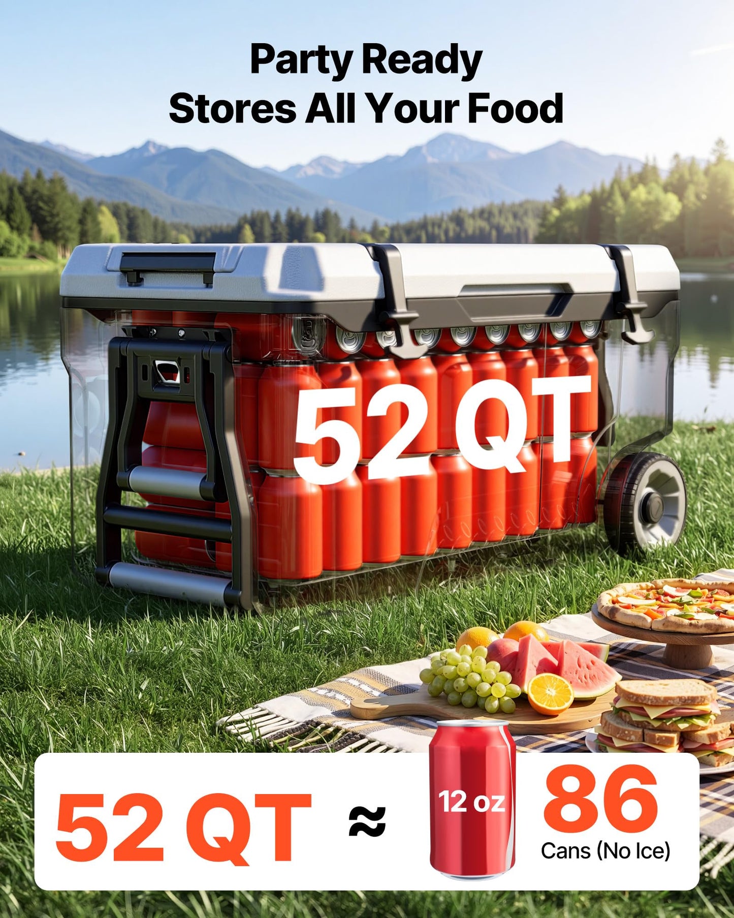 VEVOR Hard Cooler, 52QT Portable Rolling Cooler with Wheels, Leak-Resistant Coolbox Keeps Contents Cool for 48 Hours, Ice Retention Insulated Chests, Ultra-Light for Outdoor Picnics, Grill, Camping
