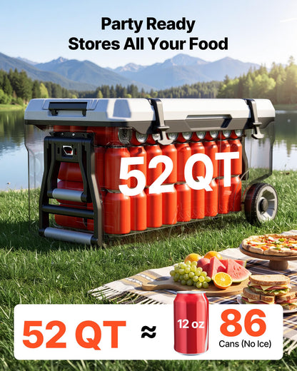 VEVOR Hard Cooler, 52QT Portable Rolling Cooler with Wheels, Leak-Resistant Coolbox Keeps Contents Cool for 48 Hours, Ice Retention Insulated Chests, Ultra-Light for Outdoor Picnics, Grill, Camping