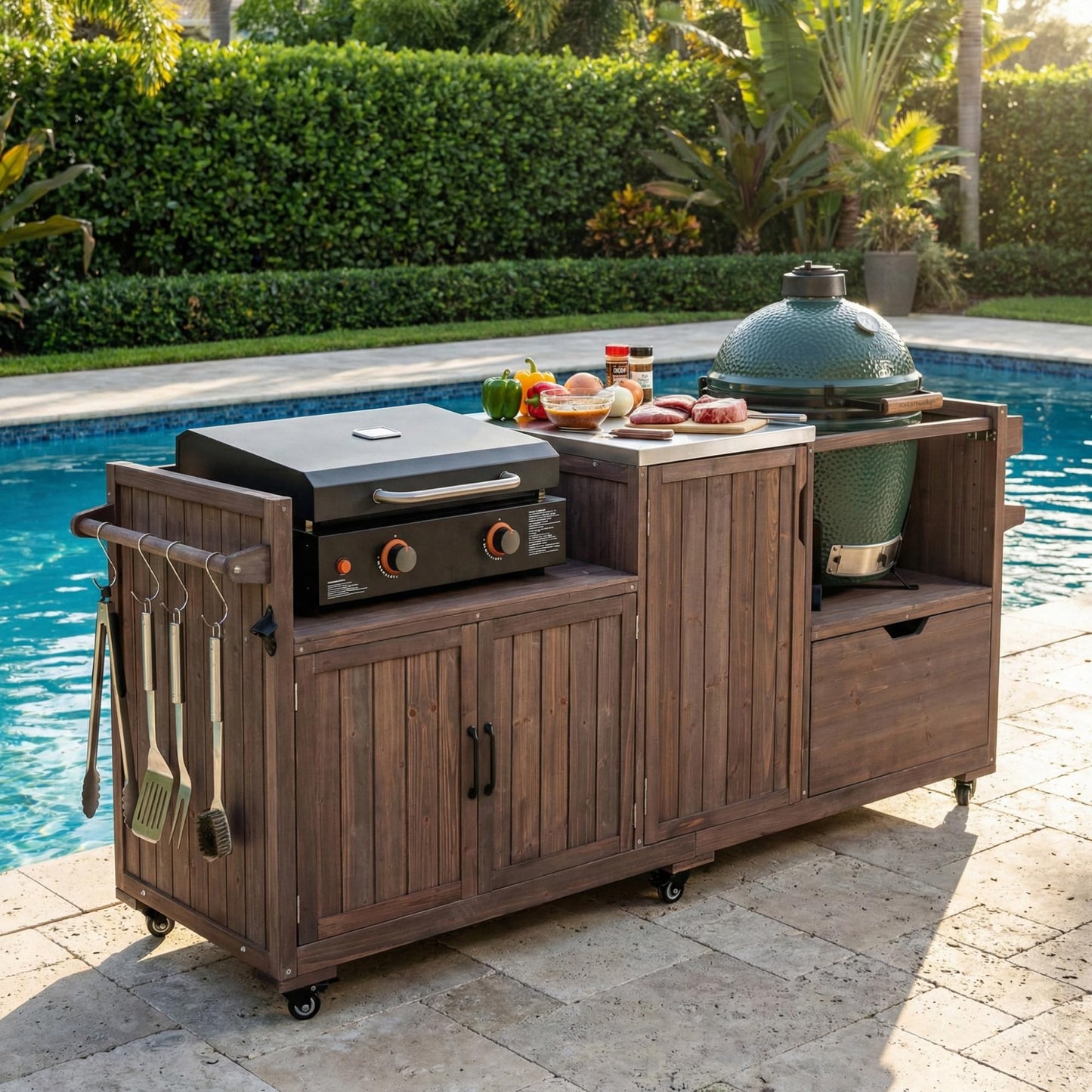 Merax 80.5" Outdoor Kitchen Island for Big Green Egg& Blackstone Griddle,Solid Wood Grill Cart Table with Stainless Steel Top,Drawer for Large Big Green Egg and 21"/28" Blackstone Griddle,Dark Brown