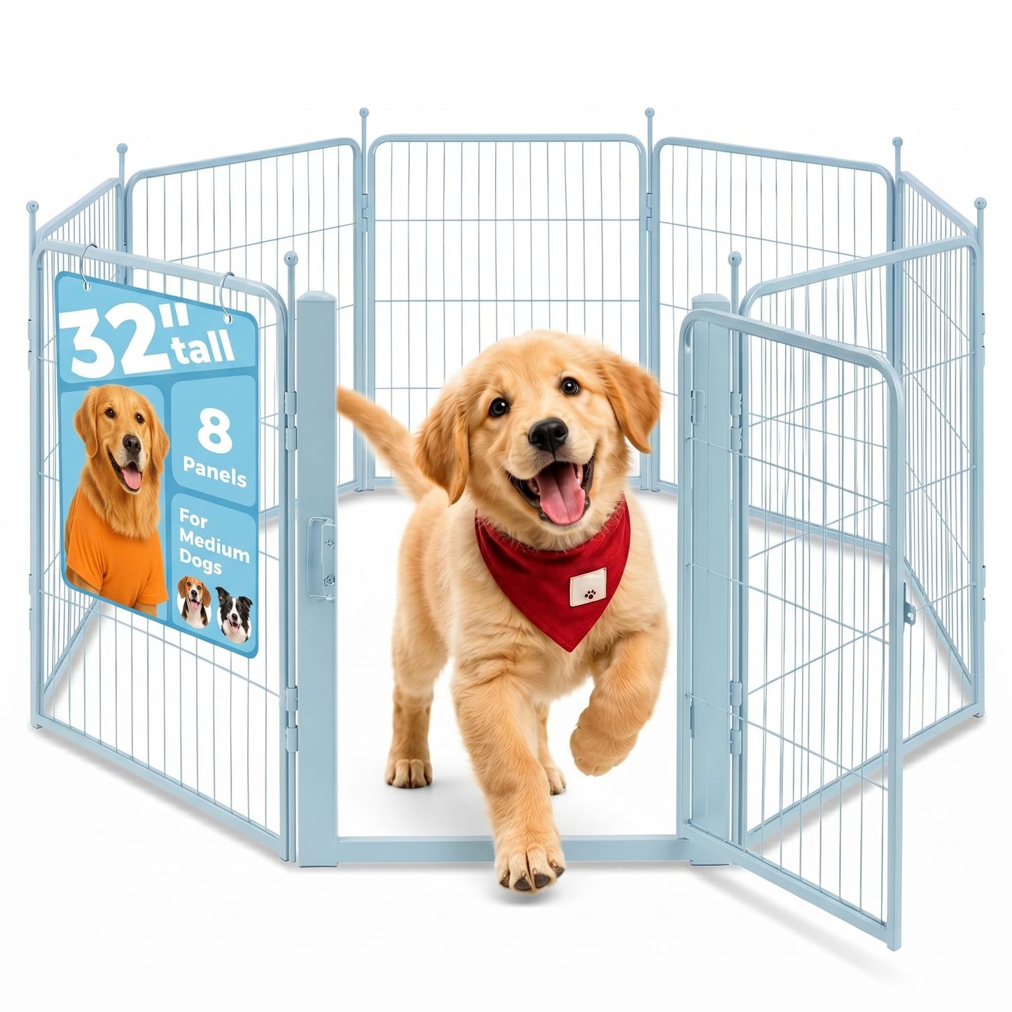 Blue Dog Playpen for Small/Medium Dogs - 32 inch 8 Panels Heavy Duty Metal Puppy Fence Outdoor Indoor with Door, Anti-Rust Foldable Puppy Pen Pet Enclosure, Portable Exercise Kennel for Camping, Yard