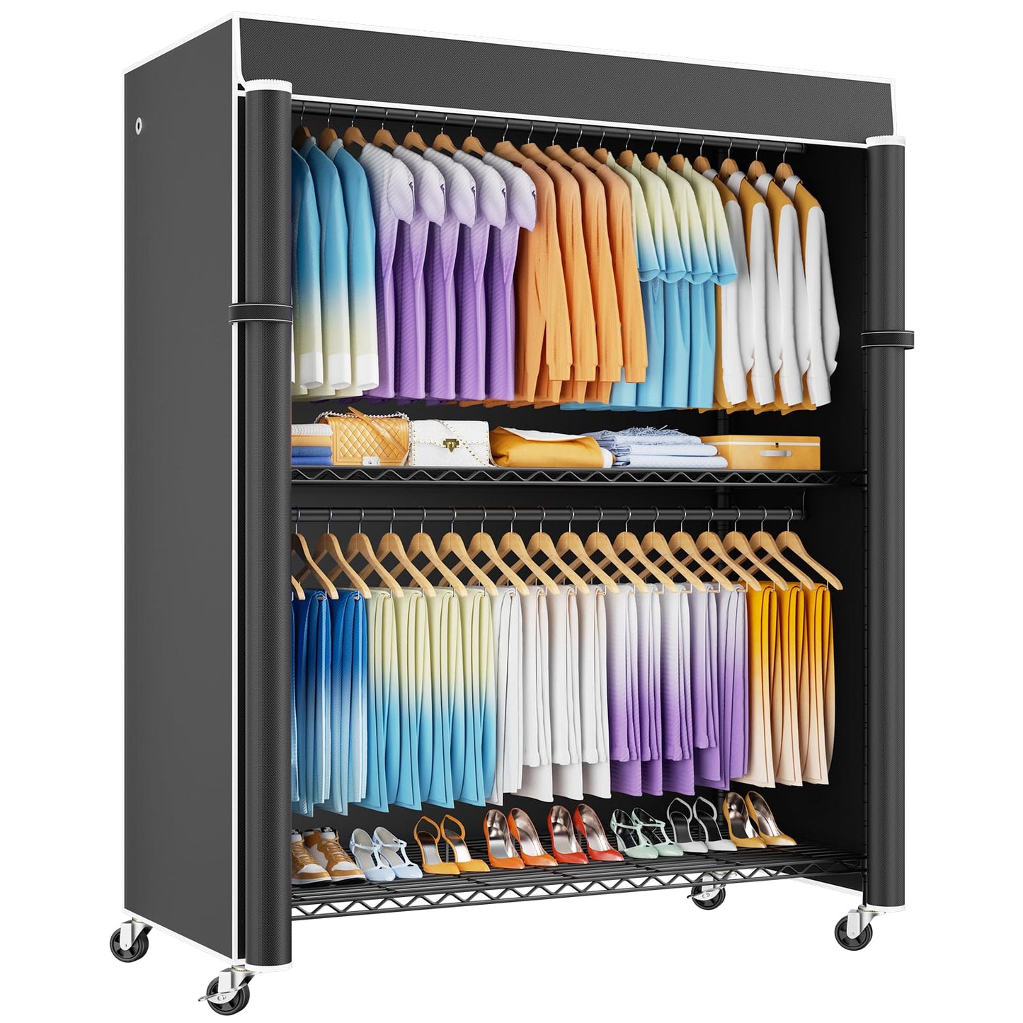 ULIFHOME P8C Max Heavy Duty Clothes Rack（With Extended Width Design） Rolling Clothing Racks for Hanging Clothes with Lockable Wheels，51.2"W x 15.8"D x 80.5"H，Load 800LBS，Black Rack with Black Cover