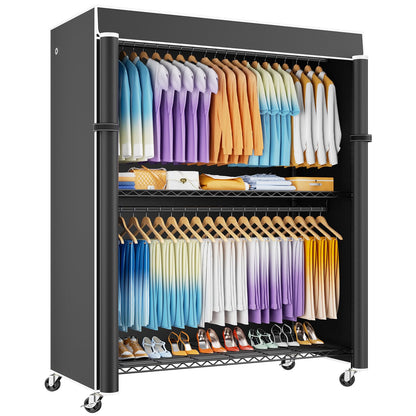 ULIFHOME P8C Max Heavy Duty Clothes Rack（With Extended Width Design） Rolling Clothing Racks for Hanging Clothes with Lockable Wheels，51.2"W x 15.8"D x 80.5"H，Load 800LBS，Black Rack with Black Cover