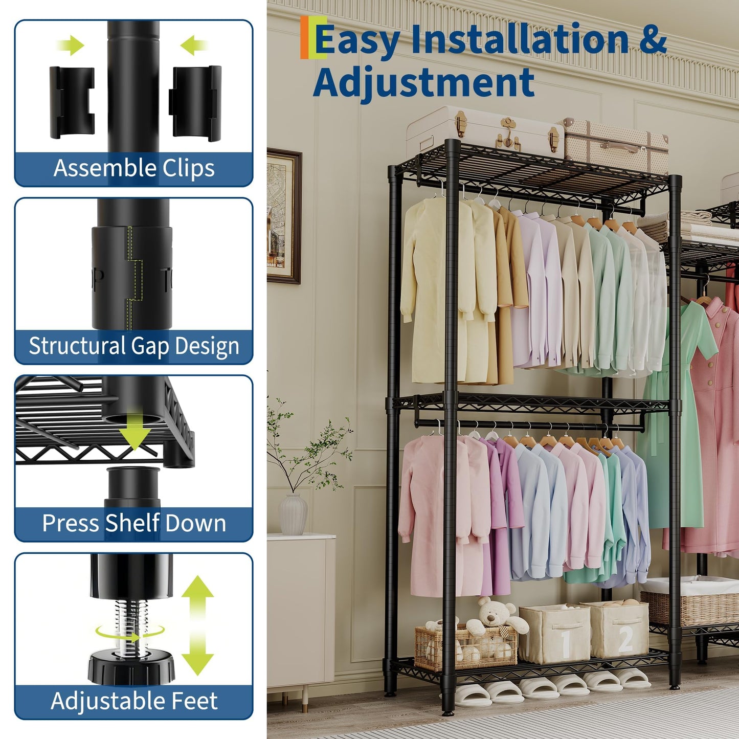 ExploreHorizon Freestanding Adjustable Garment Rack – Heavy Duty 1874LBS Capacity, 5 Hanging Rods & 8 Wire Shelves, Portable Closet Organizer (76.5" H x 73.6" L x 17.4" W)