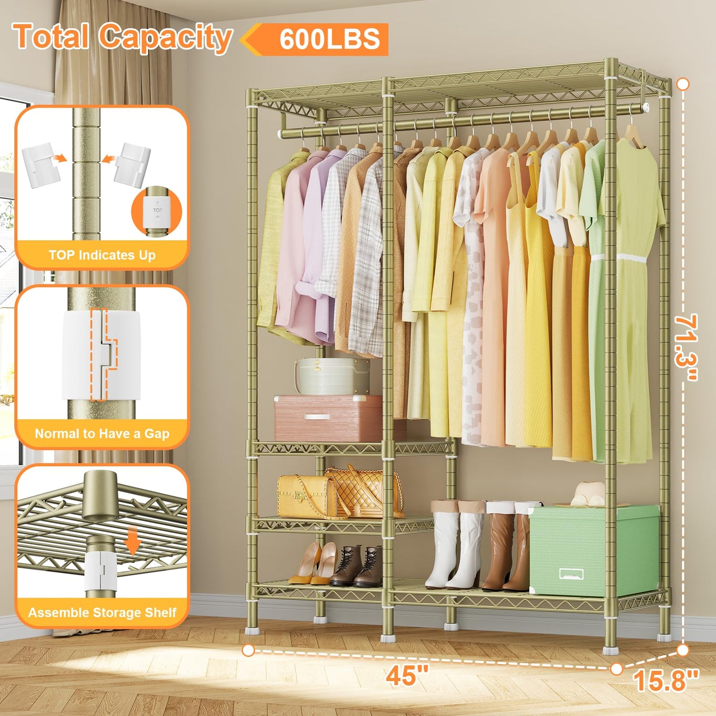 Ulif F4 Heavy Duty Clothes Rack (With Hanger Rod) Freestanding Clothing Racks for Hanging Clothes，Adjustable Closet Organizer System, Portable Garment Rack 45"W x 15.8"D x 71.3"H,Max Load 600LBS, Gold