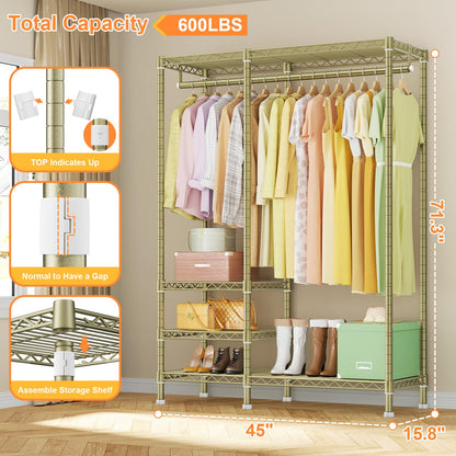 Ulif F4 Heavy Duty Clothes Rack (With Hanger Rod) Freestanding Clothing Racks for Hanging Clothes，Adjustable Closet Organizer System, Portable Garment Rack 45"W x 15.8"D x 71.3"H,Max Load 600LBS, Gold
