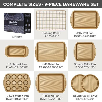 HONGBAKE 9-Piece Non-Stick Baking Pans Set - Wave Texture for Reduced Oil | Durable 0.8mm Bakeware in Gold