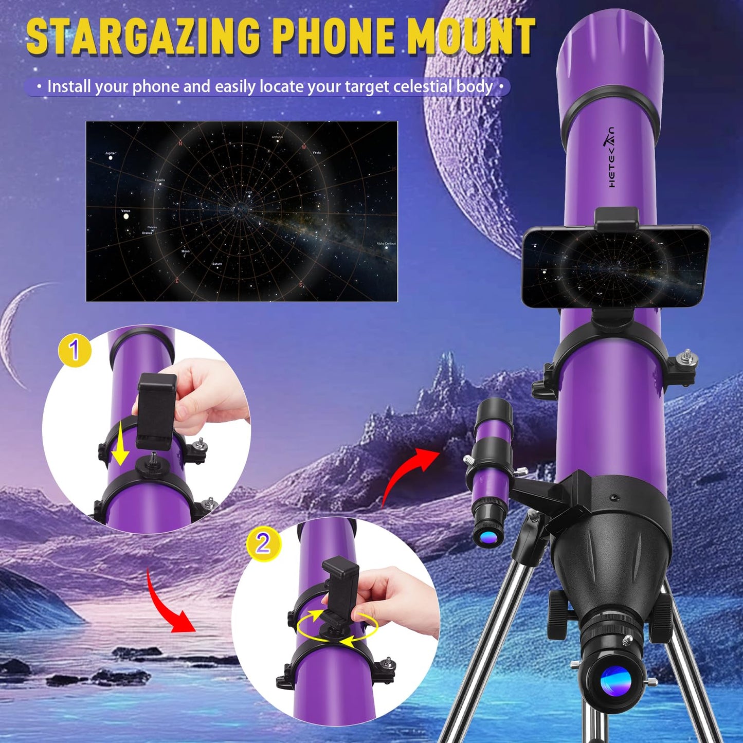 HETEKAN Telescope, Telescope for Adults High Powered, 90mm Aperture 1000mm Astronomical Refractor Telescopes for Beginners, Magnification 500X, with Three Eyepieces, Phone Adapter & Carrying Bag