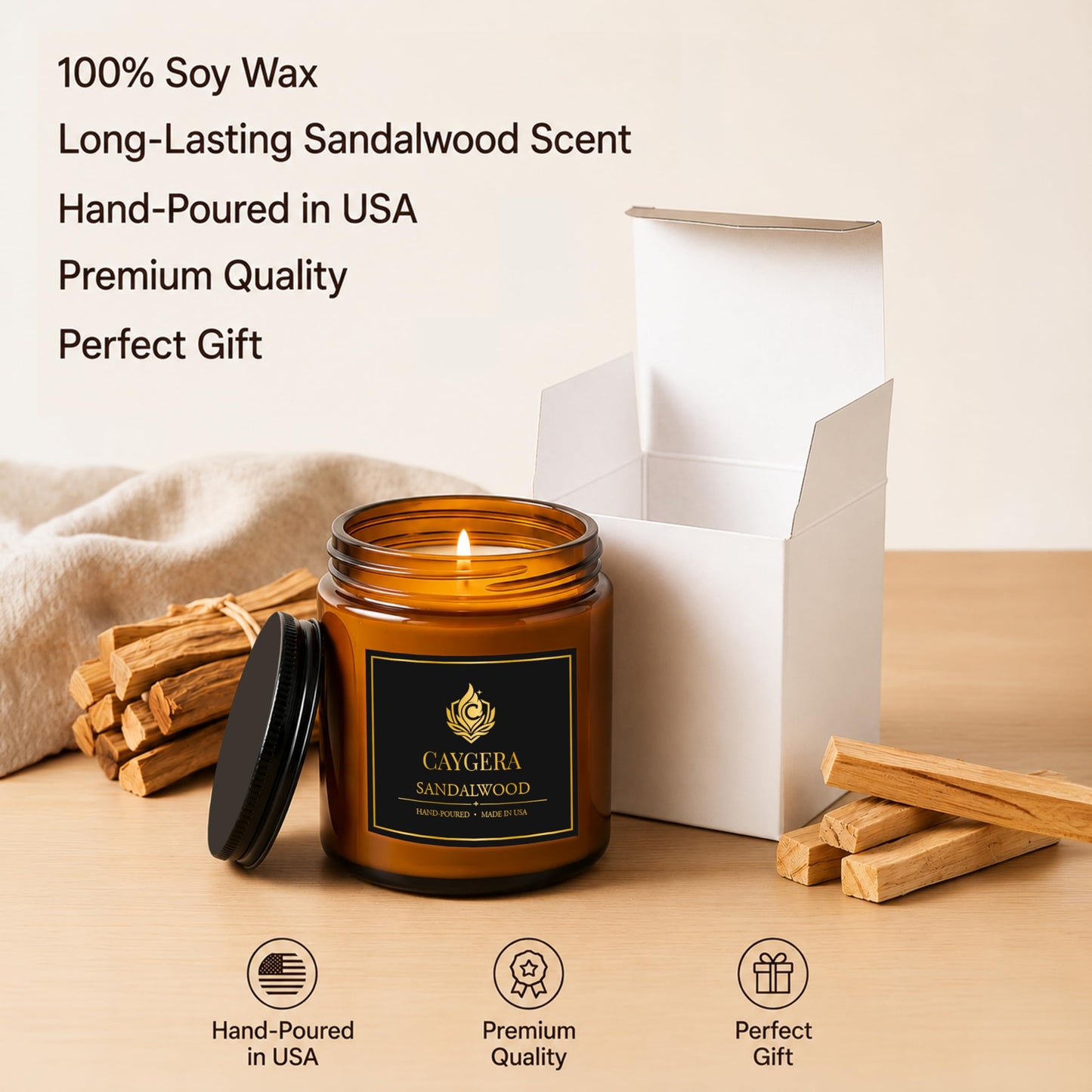 Hand-Poured Candle, Soy Wax Blend Scented Candle, Amber Glass Jar with Lid, Long Burn Time, Small Batch Handmade Home Fragrance Candle for Relaxation & Home Decor (9 Oz, Sandalwood)