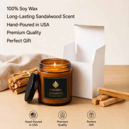 Hand-Poured Candle, Soy Wax Blend Scented Candle, Amber Glass Jar with Lid, Long Burn Time, Small Batch Handmade Home Fragrance Candle for Relaxation & Home Decor (9 Oz, Sandalwood)