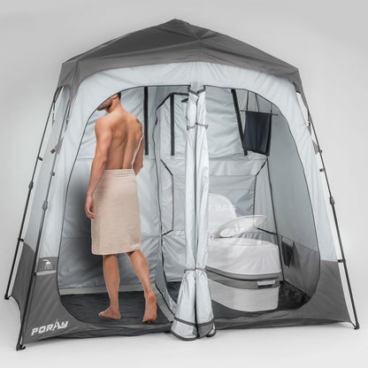 Porayhut Portable Camping Shower Tent Deluxe Changing Room Easy Set Up Privacy Shelter,Large Toilet Tent 2 Rooms with Floor Drain Design for Beach, Camping,Hiking with Stakes and Ropes for Stability