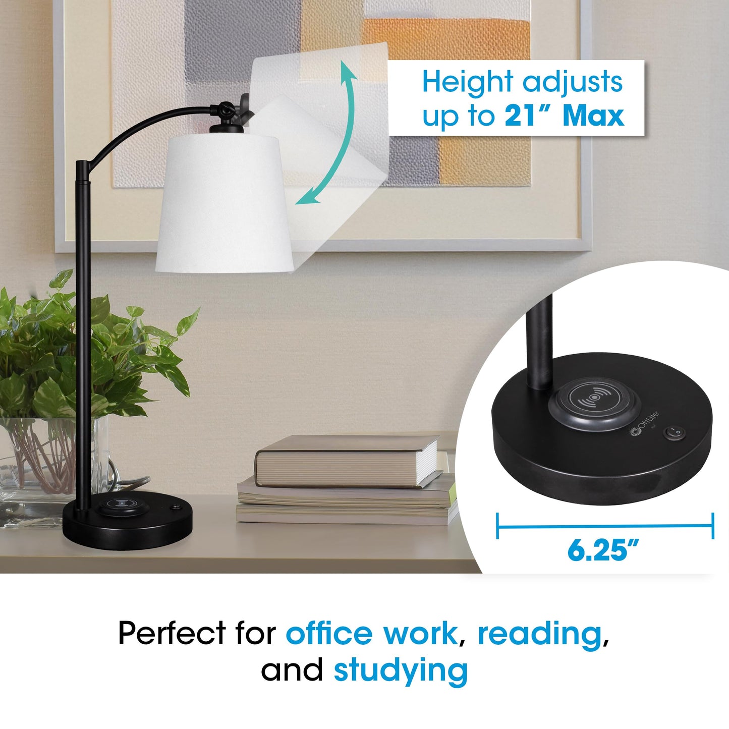 OttLite Good Housekeeping Shaded LED Desk Lamp with Wireless Charging Pad - Designed to Reduce Eyestrain - Adjustable Shade, Replaceable ClearSun LED Bulb, Crafting, Reading Light, Desk Lamp
