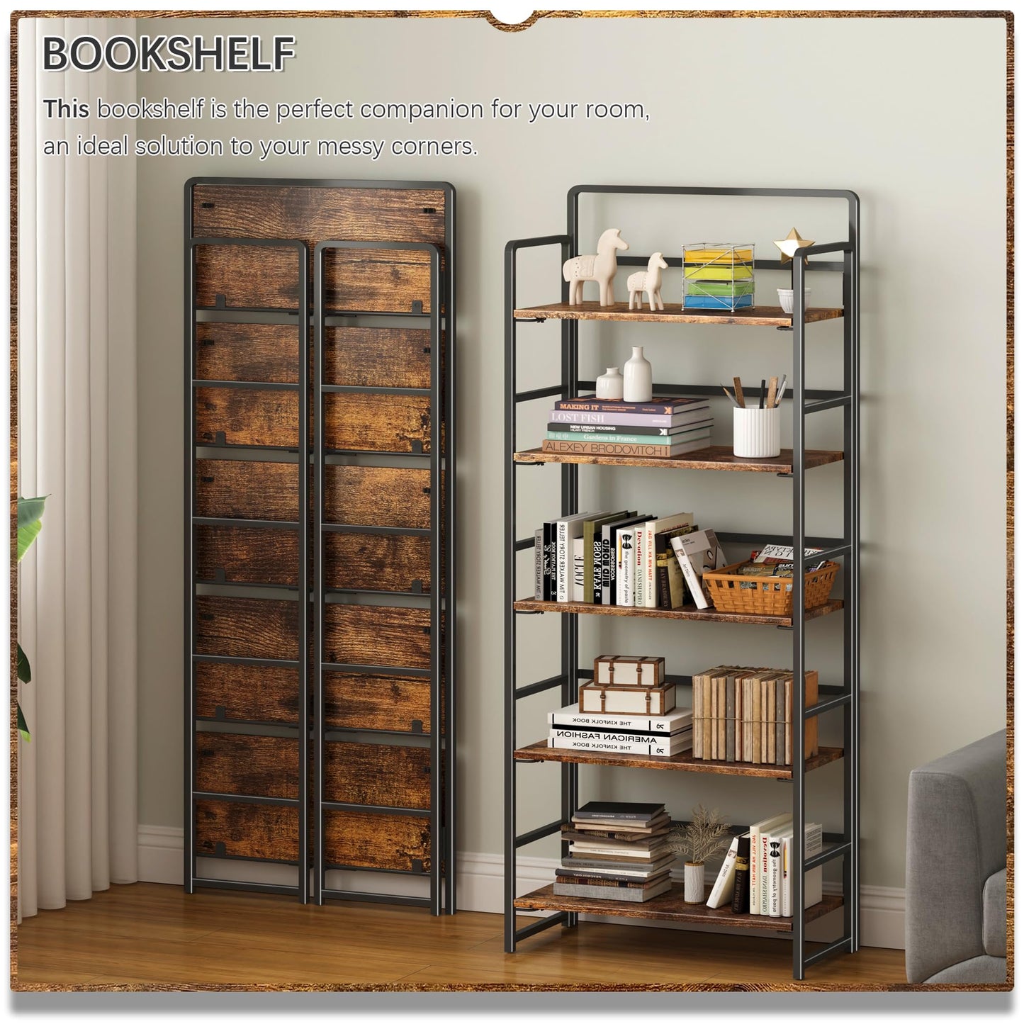 4NM No Assembly 5 Tiers Folding Bookshelf Storage Shelves Vintage Bookcase Standing Racks Study Organizer Home Office (Rustic Brown Black)