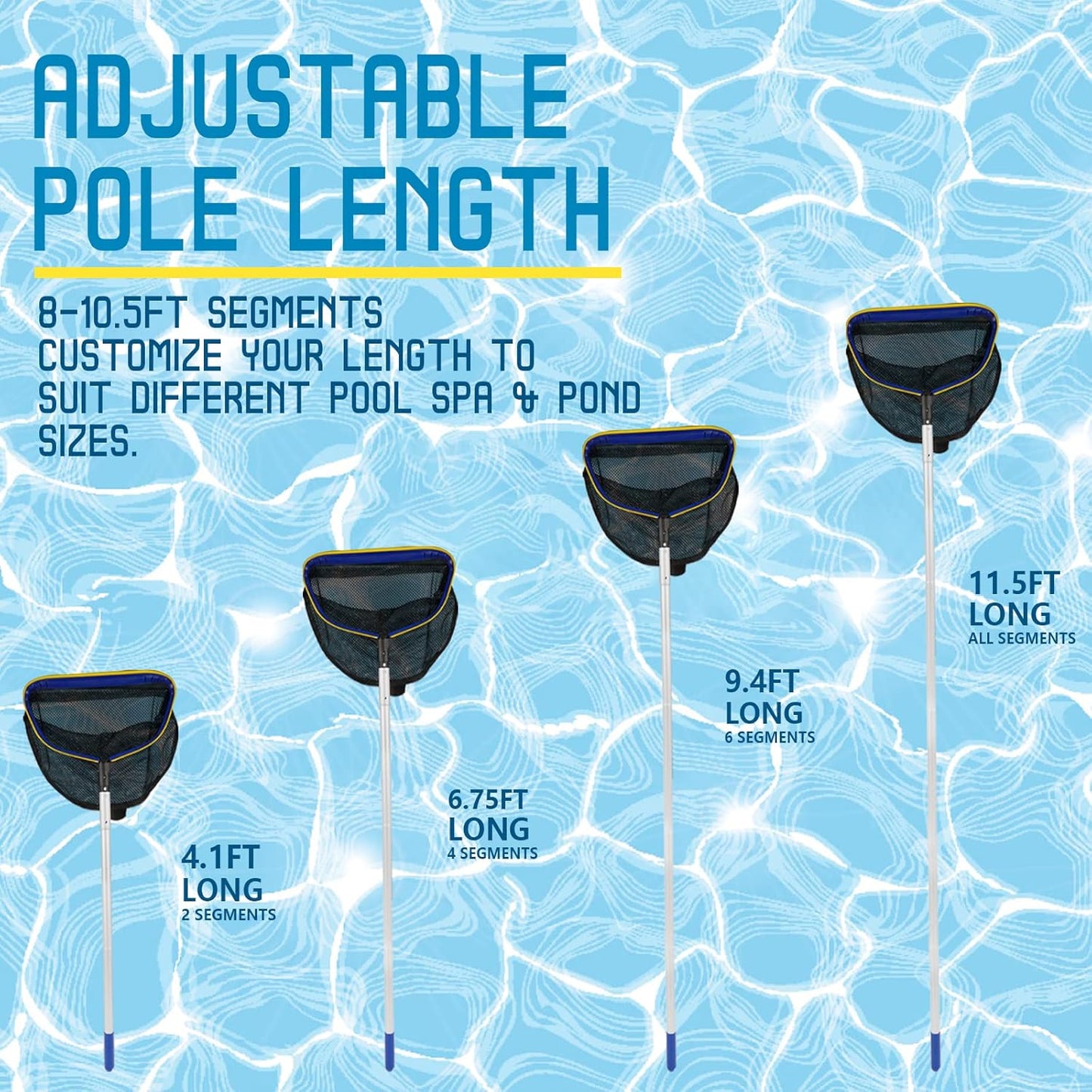 Poolvio Pool Deep Skimmer Net - Adjustable 3ft to 10ft Aluminum Pole & Fine Mesh Bag for All Pools