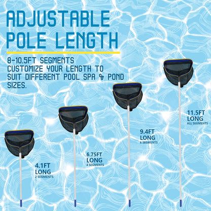 Poolvio Pool Deep Skimmer Net - Adjustable 3ft to 10ft Aluminum Pole & Fine Mesh Bag for All Pools