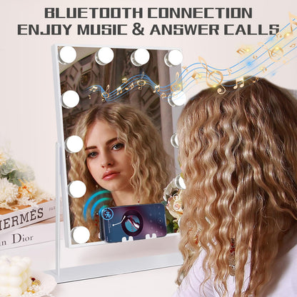 COOLJEEN Makeup Mirror Vanity Mirror with Lights - 12 Led Bulbs Lighted Hollywood Mirror, 10X Magnification,3 Color Modes, Touch Control, Women Gift (White)