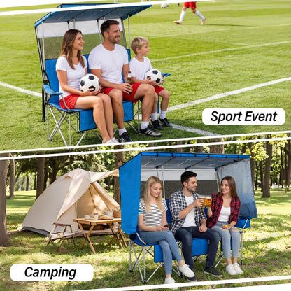 BESTHLS 3 Person Camping Chair with Canopy Shade Oversize Folding Beach Chair with 3 seat for Camp Outdoor Concert Sports（Blue