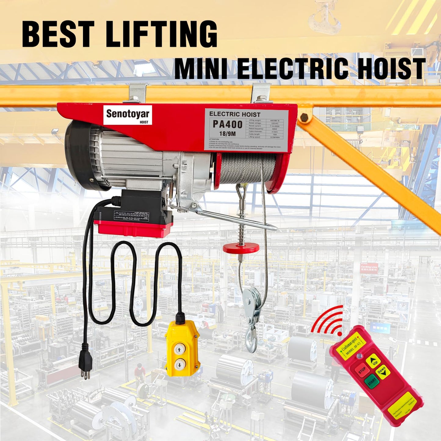 Electric Hoist 2 in 1,880lbs Electric Hoist Winch with 98ft Wireless Control&Wired Remote Control,110v Electric Hoist 59ft/29.5ft Lifting Height for Garage Warehouse Factory,Single/Double Slings