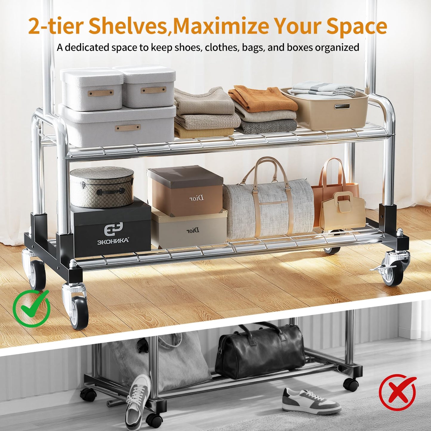 Luxspire Heavy Duty Clothes Rack, Clothing Rack Load 600 LBS, Rolling Clothes Racks for Hanging Clothes with Sturdy Wheels & 2 Tier Shelves, Adjustable Garment Rack for Bedroom, Laundry Room, Silver