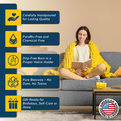 Alternative Imagination 100% Pure Natural Beeswax Votive Candles - 4 Pack - Hand-Poured - Unscented- Light Honey Aroma - 15 Hour Burn - Paraffin-Free, Long Lasting for Prayer, Meditation & Home Decor