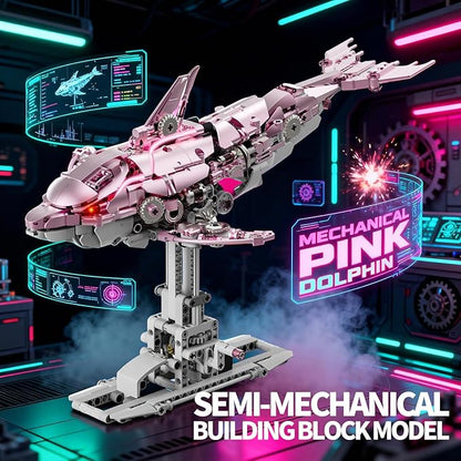 Mechanical Pink Dolphin Building Blocks Set Hand-Operated Motion Detailed Gear Design Display &amp Play Model Futuristic Ocean Animal Model