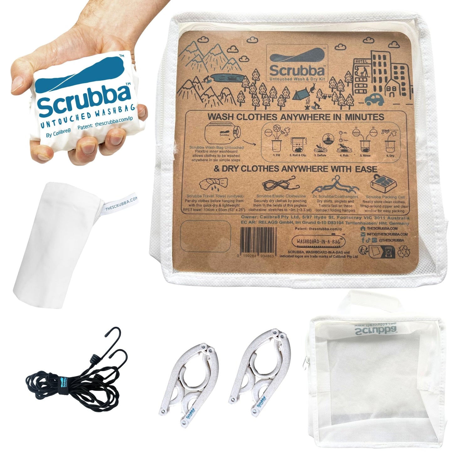Scrubba UNTOUCHED Wash Bag & Dry Kit - Portable Washing Machine System with XL Towel, Pegless Clothesline & Hangers - Lightweight Eco-Friendly Travel Laundry Kit for Camping, Hiking & RV