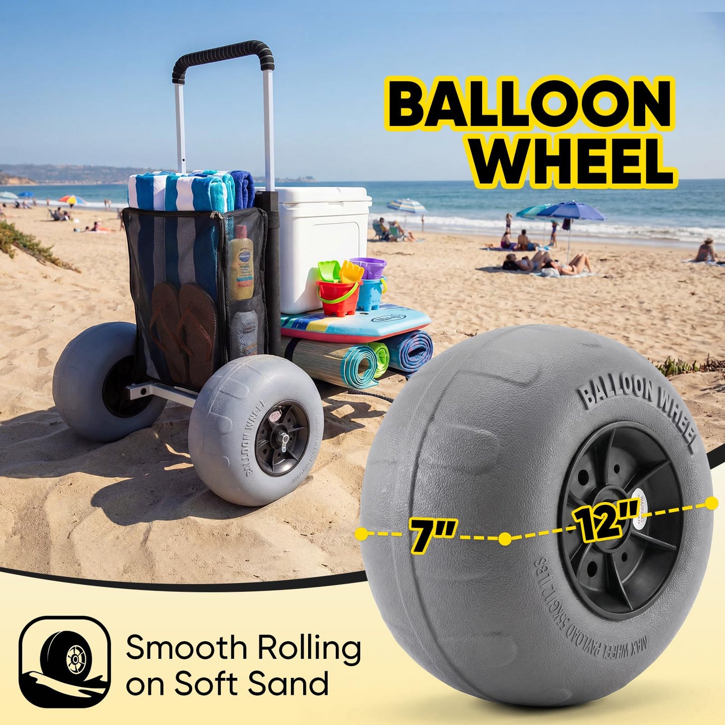 Sekey Beach Wagon with 12" Big Wheels for Sand, Heavy Duty Collapsible Beach Cart with Balloon Tires, Foldable Utility Sand Wagon for Outdoor Camping, Fishing & Groceries.Black