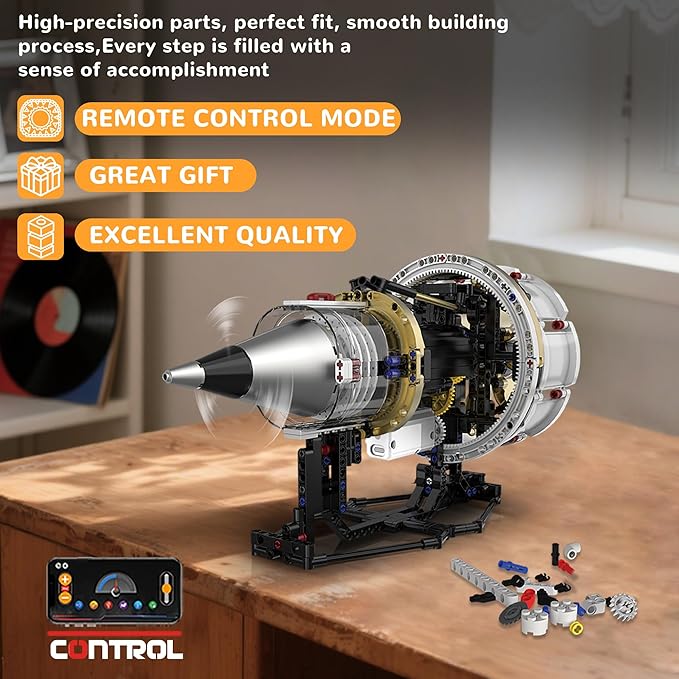 BrixVibe Aircraft Engine Building Set That Works Mini Turbojet Model Kit Technic with APP Control Light &amp Motor Collectible Mechanical Engineering for Boys 14+ Adults