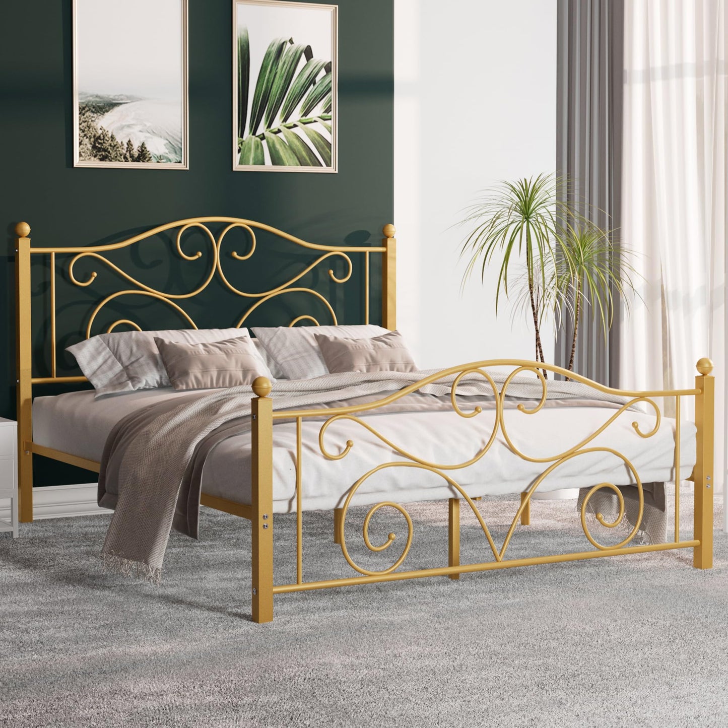 VECELO Full Size Bed Frame with Headboard and Footboard, Heavy Duty Metal Slat Support, Platform Mattress Foundation, No Box Spring Needed, Easy Assembly, Gold