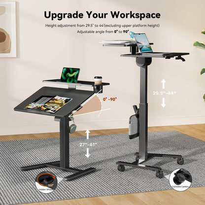 Liftsync 28Inch Rolling Standing Desk On Wheels， Small Computer Workstation Adjustable Height， Mobile Laptop Stand with Tiltable Desktop， 2-Tier Portable Study Table with Storage Shelves， Black