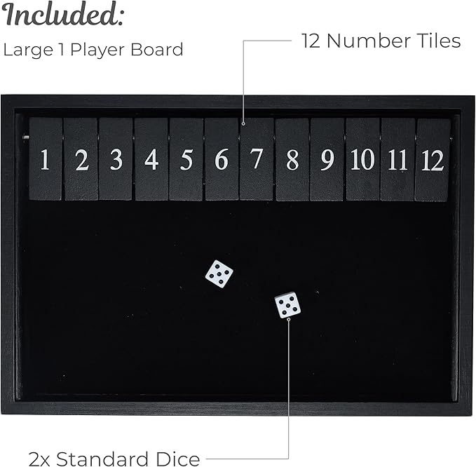 WE Games Wooden Shut The Box - Close The Box Set Pub Game with 12 Number Tiles &amp 2 Dice Games - 13.5” Black Stained Finish for Adults