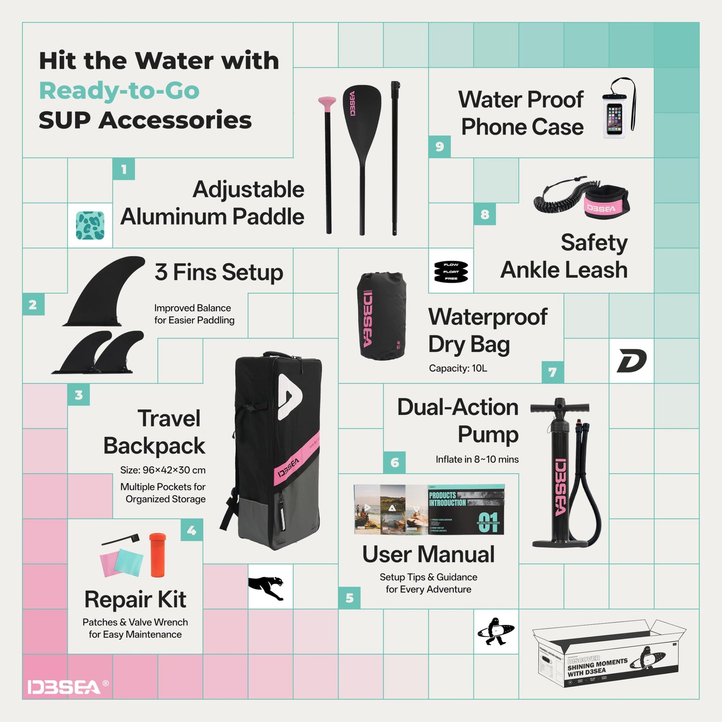 D3SEA 11 ft Inflatable Paddle Board with SUP Accessories, Extra Long Non Slip EVA Deck, Extra Wide iSUP, All Around Paddleboard for Adults &Youth (Seafoam Green Pink Leopard, 11' × 34" × 6")