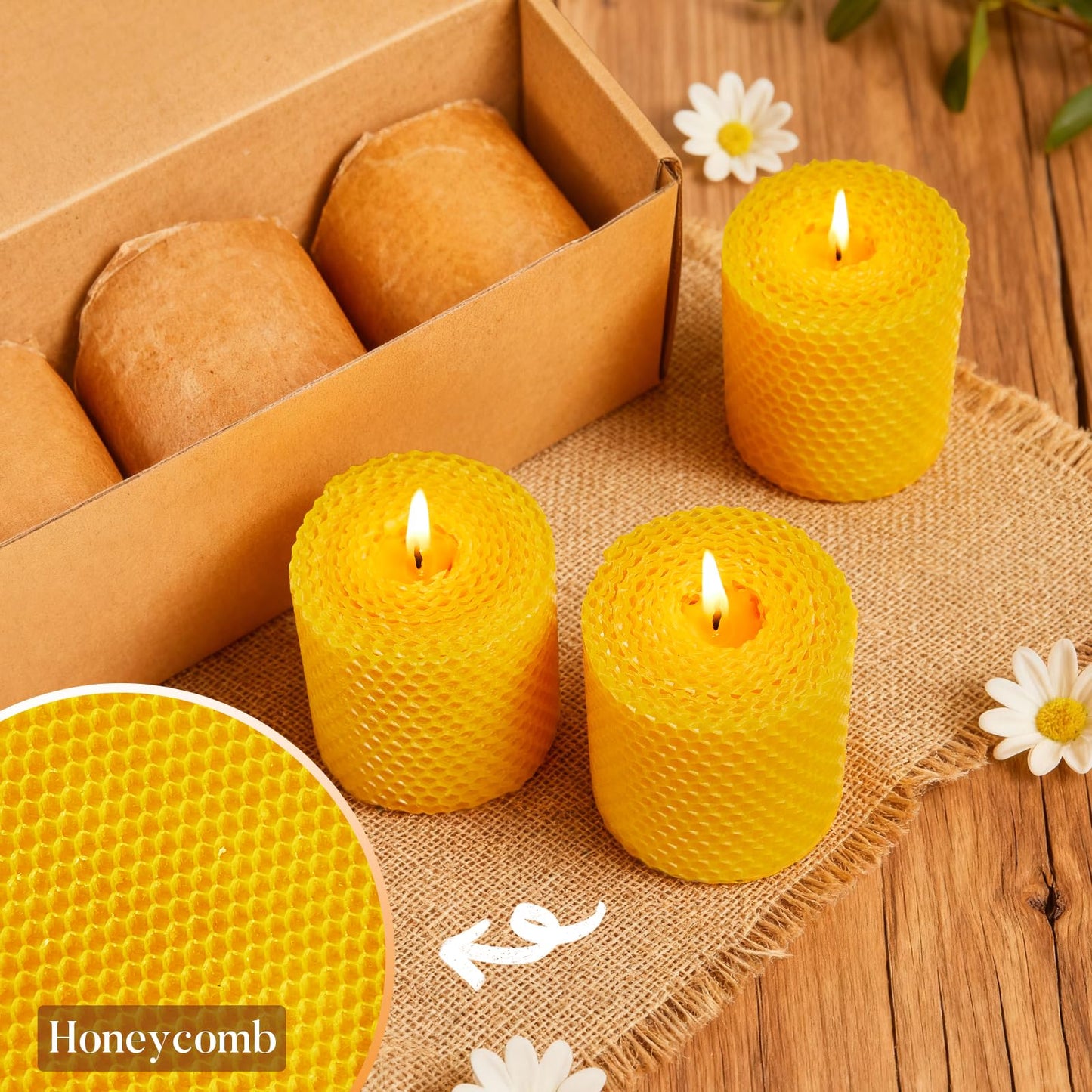 Ashlux Beeswax Pillar Candles 3 Pack, 3x3 Inch Unscented Dripless Pure Natural Bees Wax, Hand-Rolled Honeycomb Decorative Candle for Home Decor, Prayer, Wedding, Meditation, Gifts Set