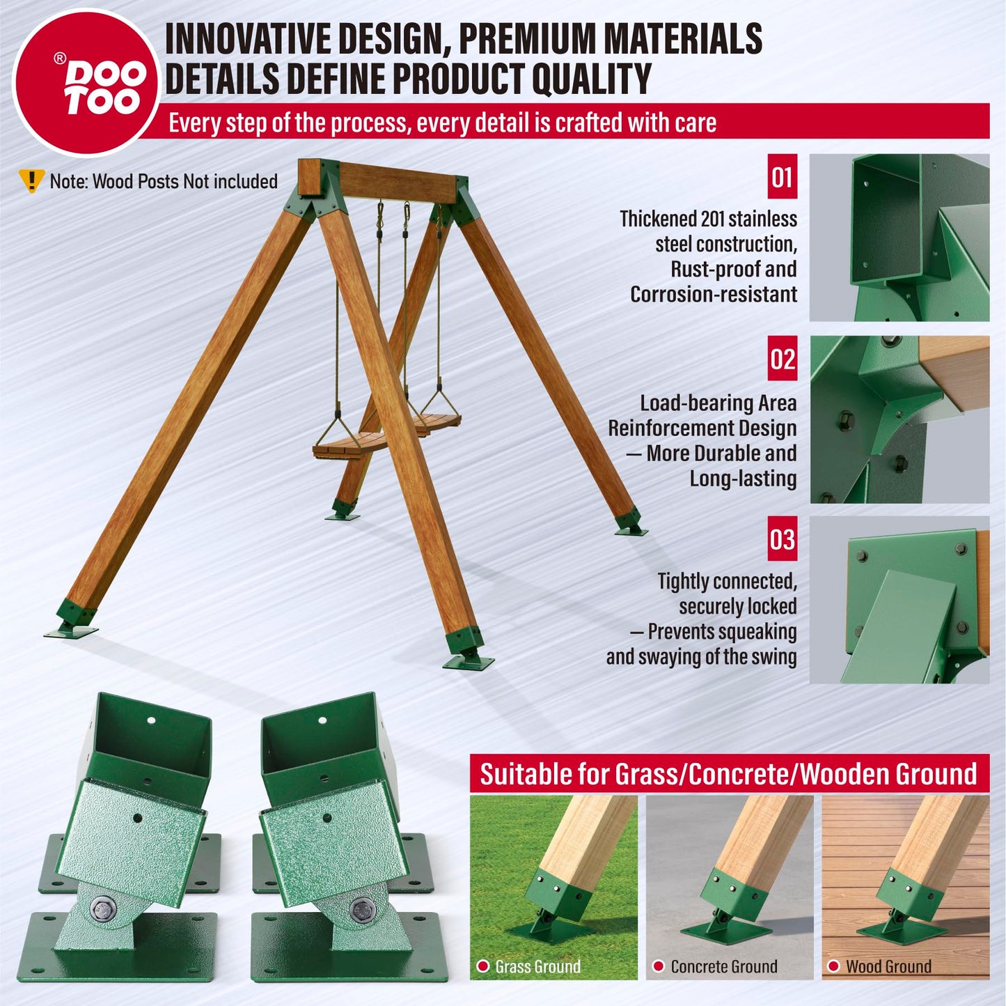 DooToo Swing Bracket Kit, Stainless Steel 2-Pack A Frame Swing Brackets and 4-Pack Adjustable Swing Set Brackets,for Outdoor & Backyard (Green)