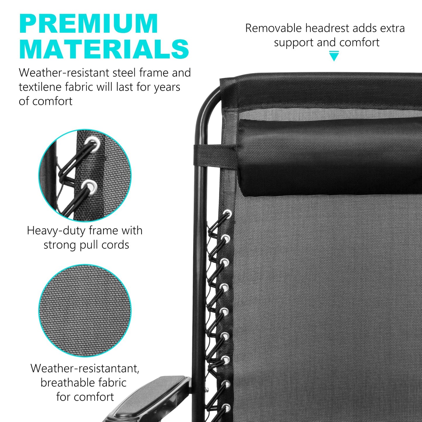 SZHLUX Set of 2 Adjustable Steel Mesh Zero Gravity Lounge Chair Recliners w/Pillows and Cup Holder Trays