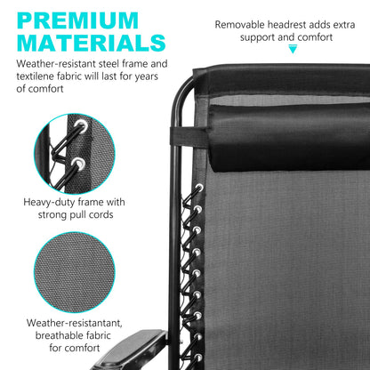 SZHLUX Set of 2 Adjustable Steel Mesh Zero Gravity Lounge Chair Recliners w/Pillows and Cup Holder Trays