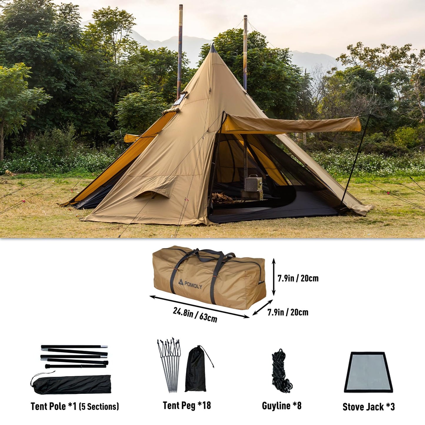 POMOLY Tipi Tent Camping Hot Tents, Bromance 70 Pyramid with 3 Stove Jacks for 2-4 Person Hiking Hunting (Without Inner Tent)